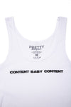 Close up of Content baby content tank top. White with black print