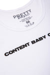 Close up of print Content baby content tank top. White with black print
